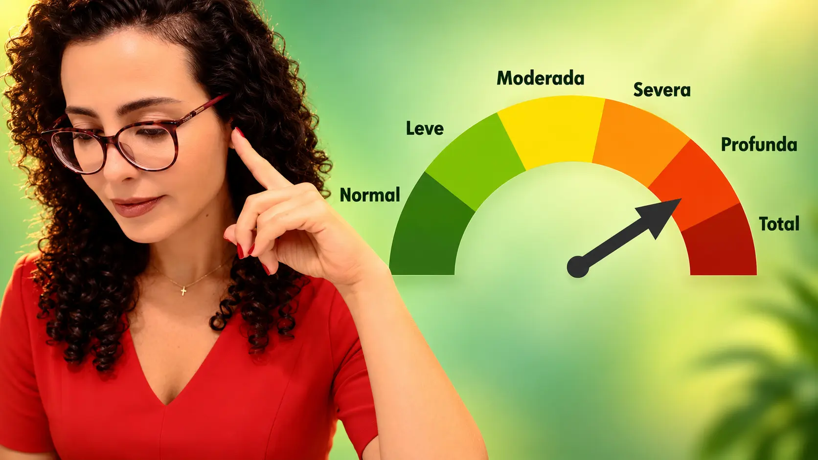 Médica pensativa ao lado de um medidor com os graus de perda auditiva, de normal a total, com o ponteiro na faixa profunda