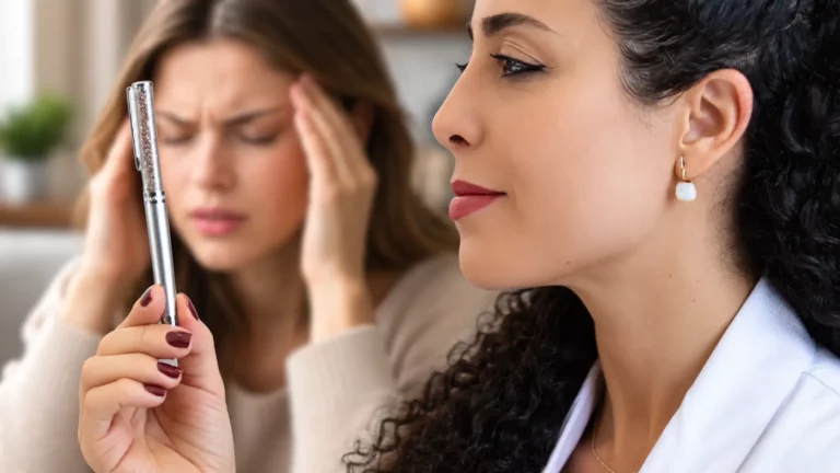 Mulher realizando teste de convergência visual com uma caneta, acompanhada pela Dra. Larissa Vilela