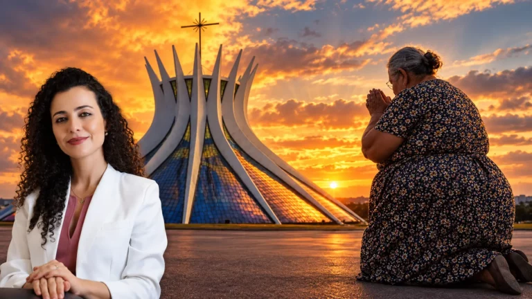 Dra. Larissa Vilela diante da Catedral de Brasília e mulher idosa em agradecimento após tratamento de tontura e VPPB