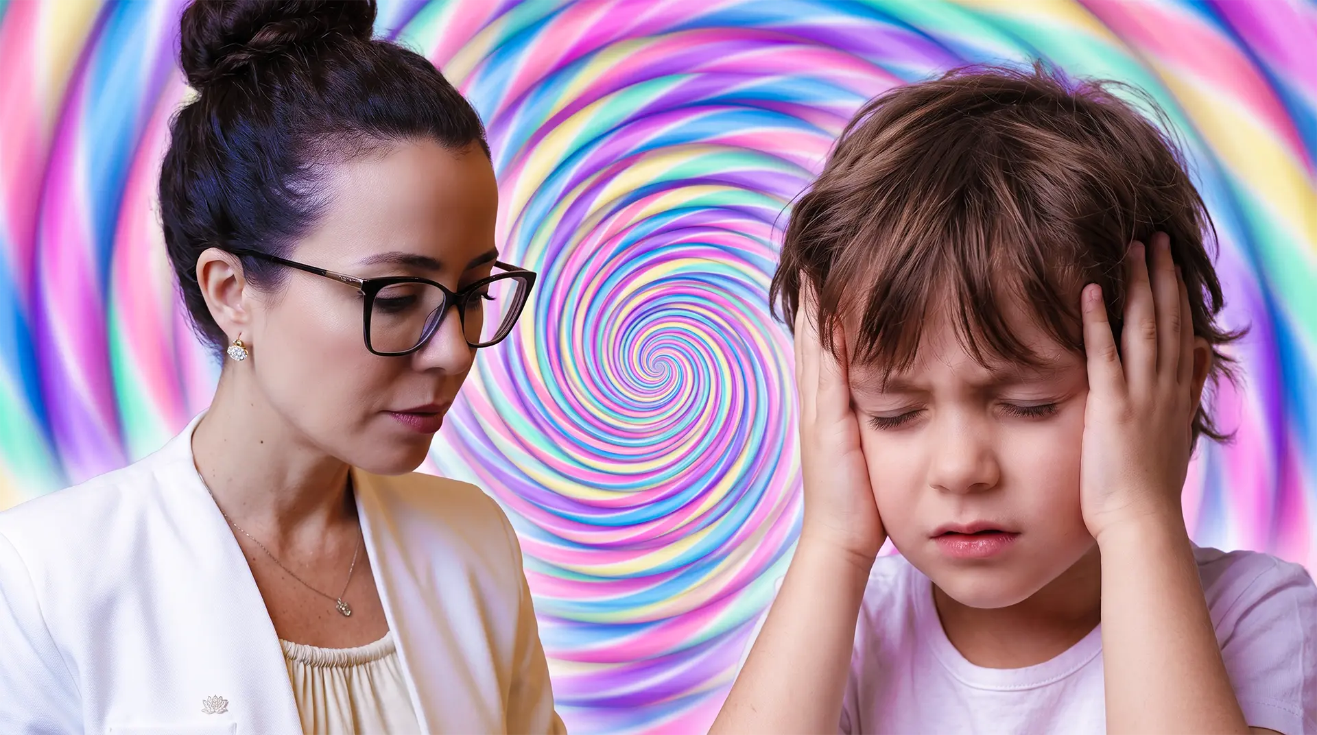 Médica observando criança com as mãos na cabeça durante crise de tontura, com espiral colorida ao fundo