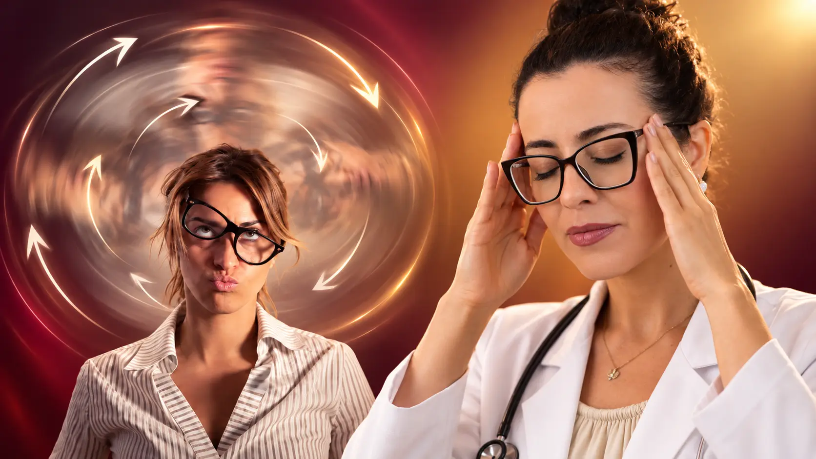 Mulher com tontura e sensação de tudo girando ao lado de médica durante avaliação