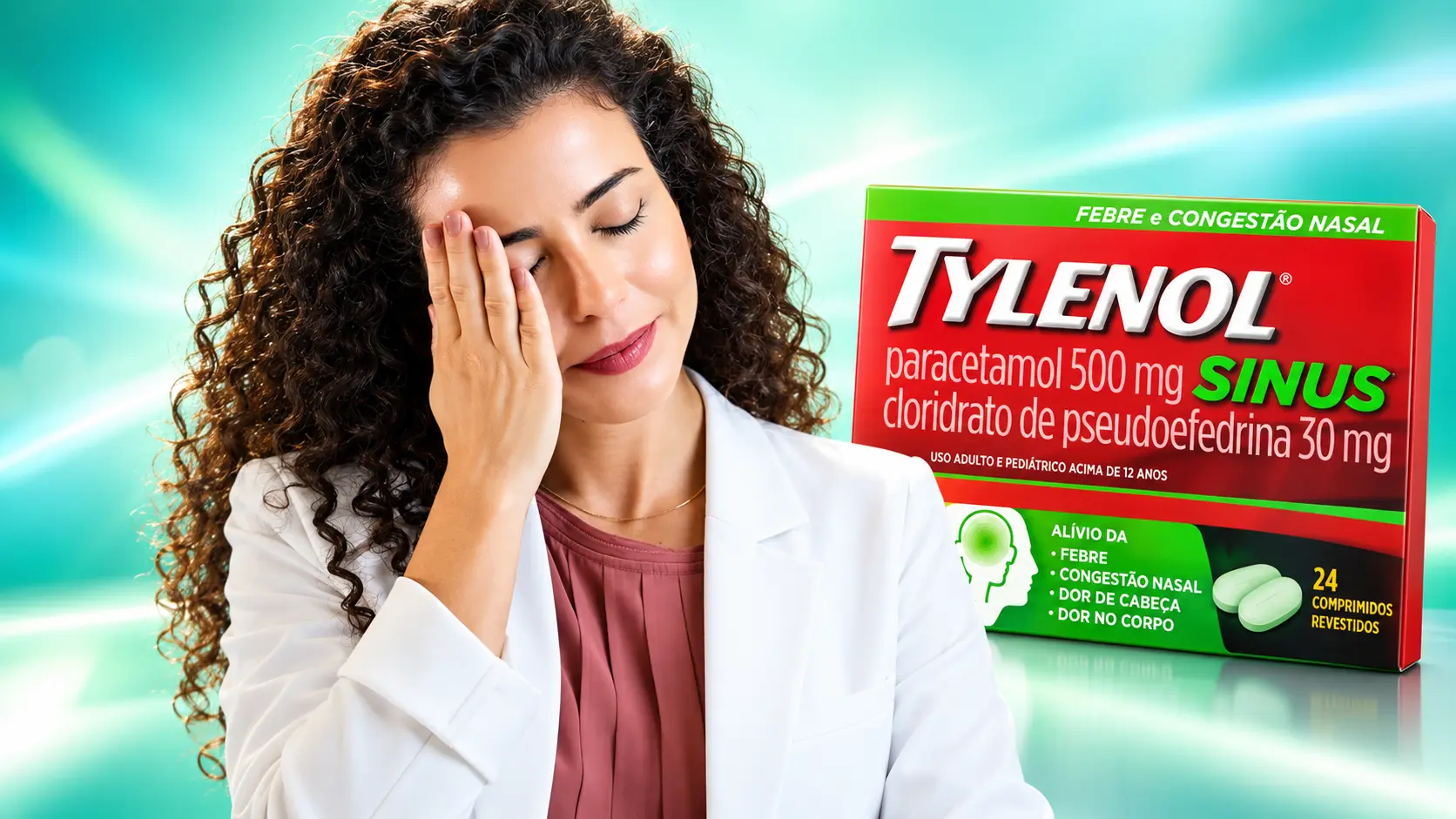 Dra. Larissa Vilela com a mão na testa, como quem sente dor na face, ao lado de uma caixa de Tylenol® Sinus
