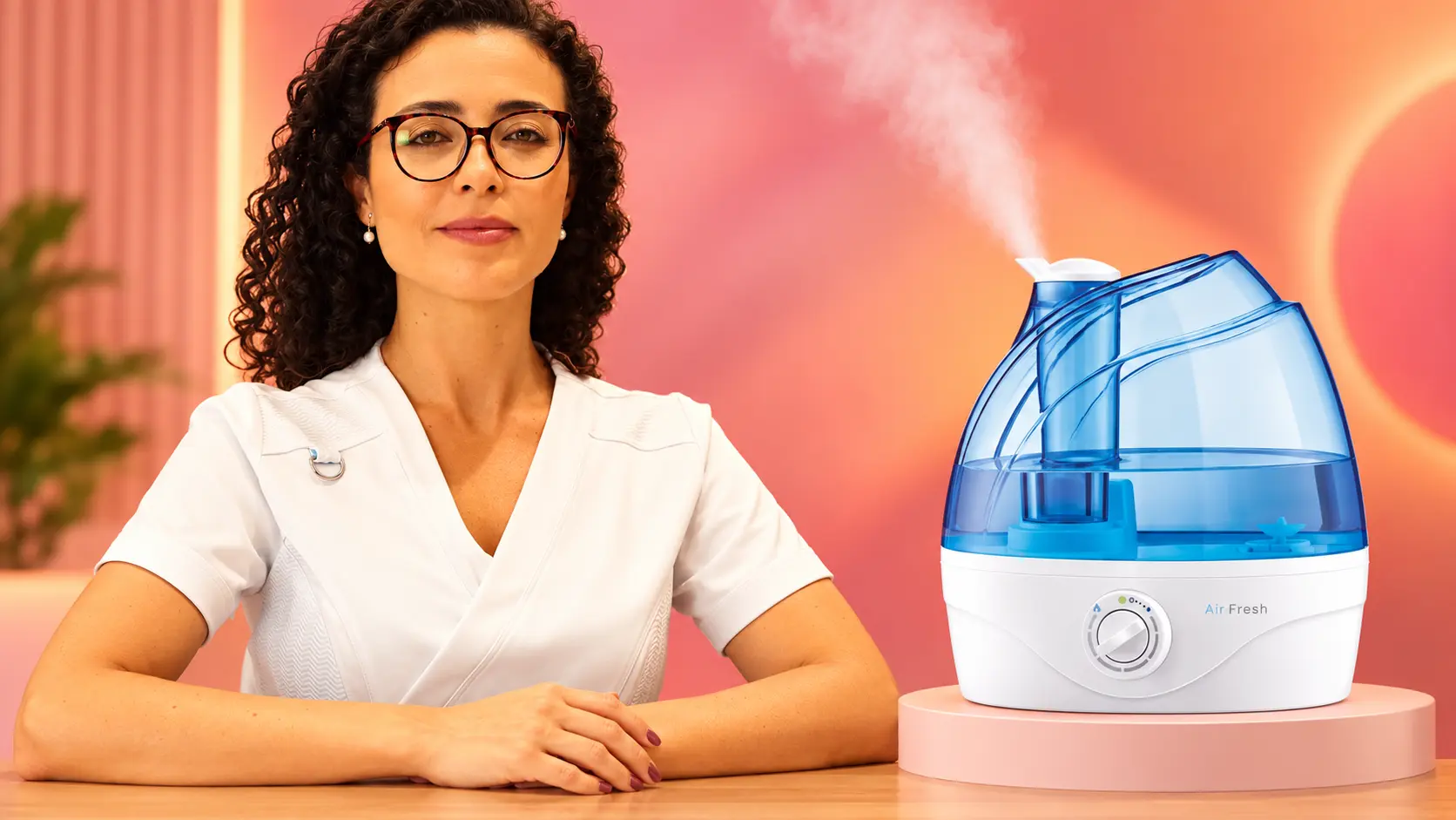 Médica de jaleco branco sentada ao lado de um umidificador de ar ultrassônico azul e branco soltando vapor