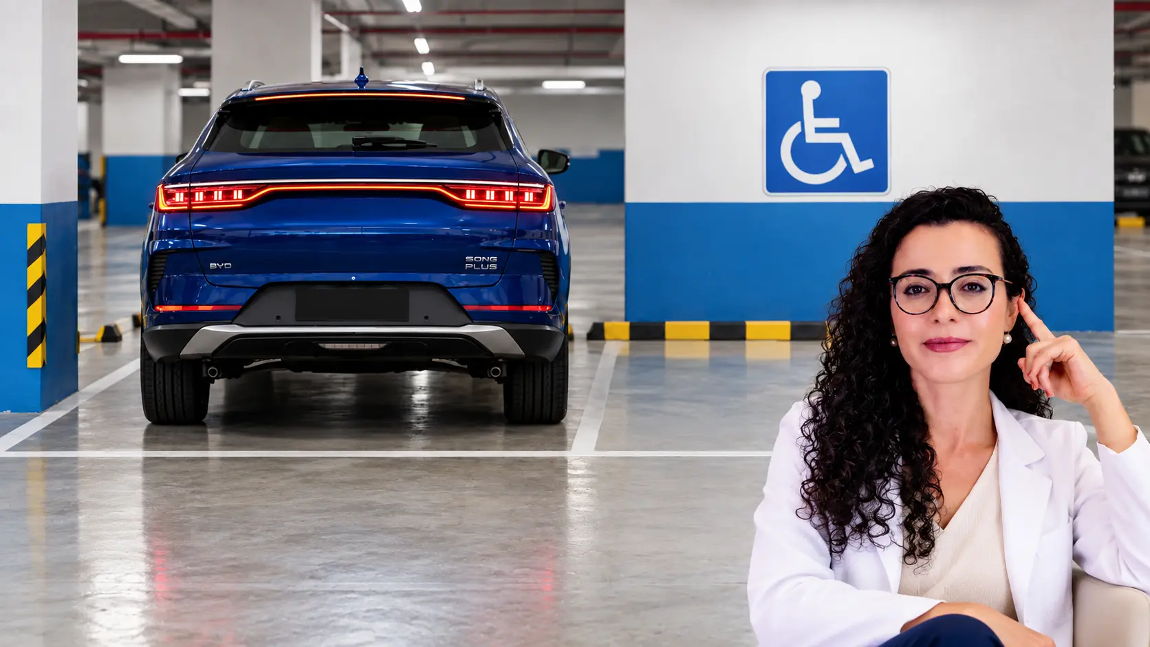 Carro em vaga sinalizada para pessoas com deficiência e Dra. Larissa Vilela em estacionamento