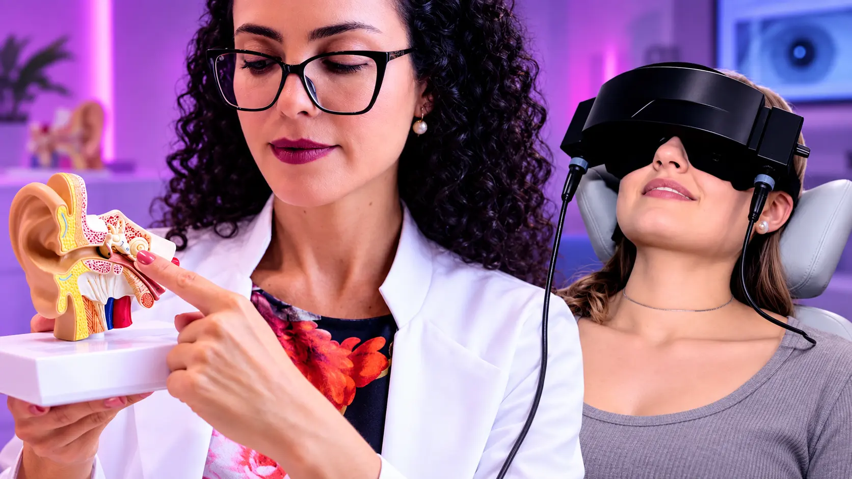 Médica aponta o labirinto em um modelo anatômico do ouvido ao lado de uma paciente com a máscara de videonistagmografia no rosto