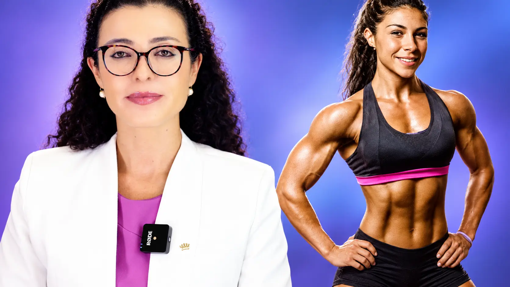 Dra. Larissa Vilela, médica otorrino, ao lado de mulher com musculatura desenvolvida, em imagem sobre anabolizantes e voz
