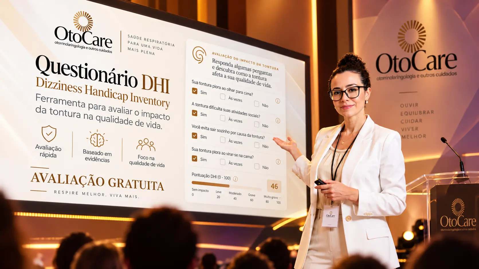 Médica de blazer branco apresenta em um palco o questionário DHI da OtoCare, com perguntas sobre a tontura e as respostas sim, às vezes e não
