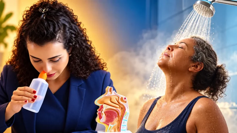 Dra. Larissa Vilela fazendo lavagem nasal com garrafinha ao lado de um modelo anatômico do nariz, e uma mulher com o rosto embaixo da água do chuveiro