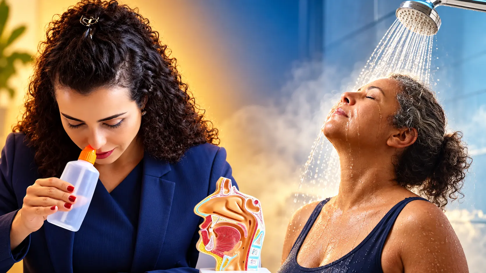 Dra. Larissa Vilela fazendo lavagem nasal com garrafinha ao lado de um modelo anatômico do nariz, e uma mulher com o rosto embaixo da água do chuveiro