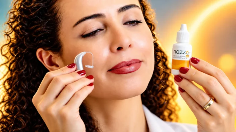 Dra. Larissa Vilela segurando um aparelho auditivo retroauricular perto da orelha e, na outra mão, um frasco de Nazzo Oto, gota hidratante para o canal do ouvido