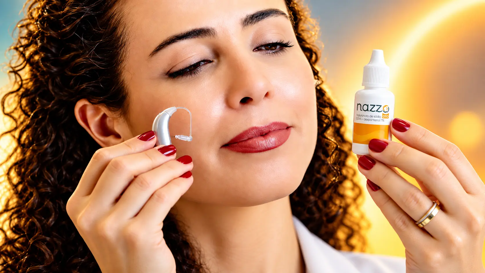 Dra. Larissa Vilela segurando um aparelho auditivo retroauricular perto da orelha e, na outra mão, um frasco de Nazzo Oto, gota hidratante para o canal do ouvido