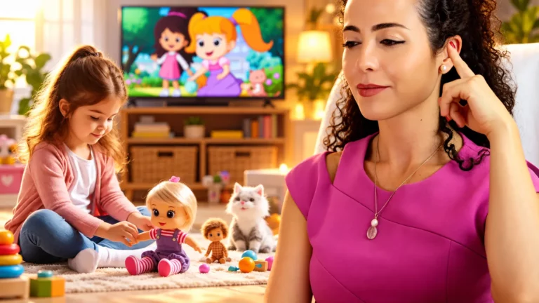 Menina brincando com bonecas no tapete da sala com a televisão ligada em um desenho ao fundo, e a Dra. Larissa Vilela em primeiro plano com o dedo junto à orelha