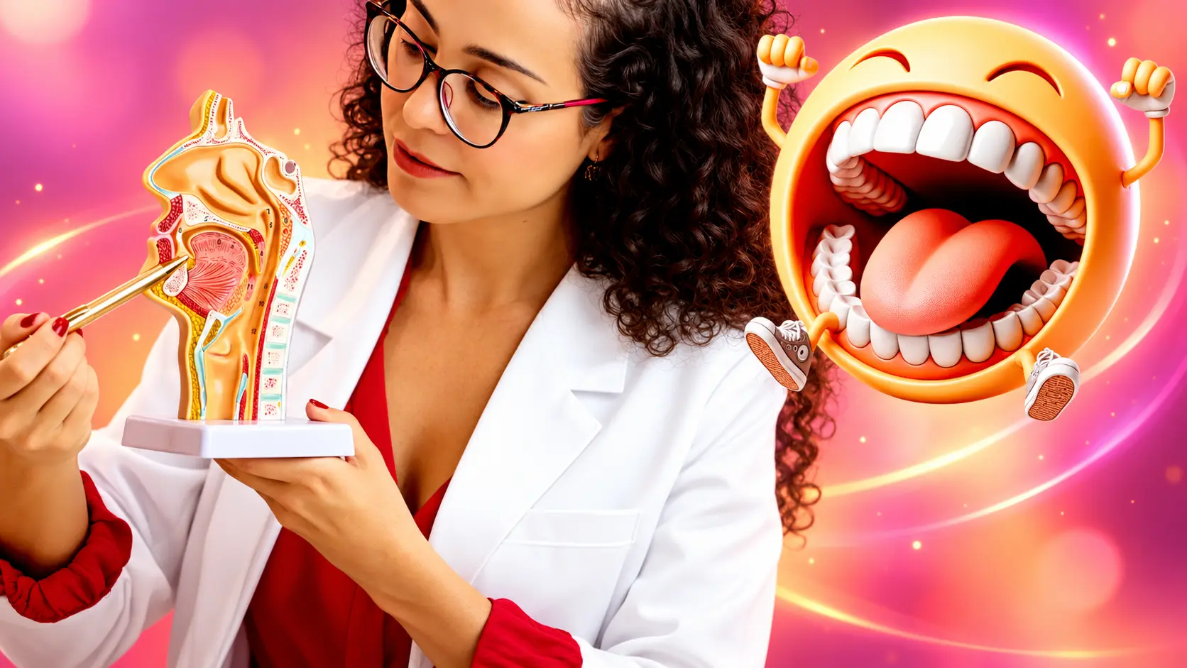 Dra. Larissa Vilela, médica otorrino, aponta para a língua em um modelo anatômico da boca e da garganta, ao lado de uma ilustração de boca aberta