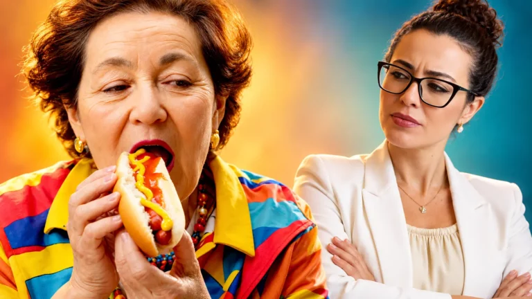 Senhora de blusa colorida mordendo um cachorro-quente com salsicha e mostarda, observada pela Dra. Larissa Vilela, de óculos e blazer branco, de braços cruzados