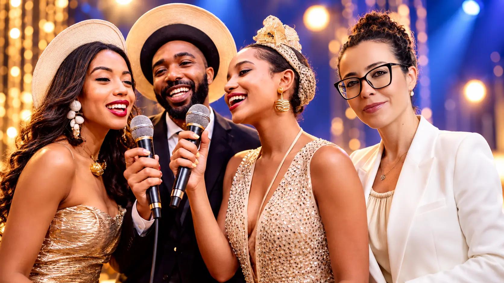 Três cantores sorrindo e cantando ao microfone em um palco iluminado, e a Dra. Larissa Vilela de blazer branco ao lado deles