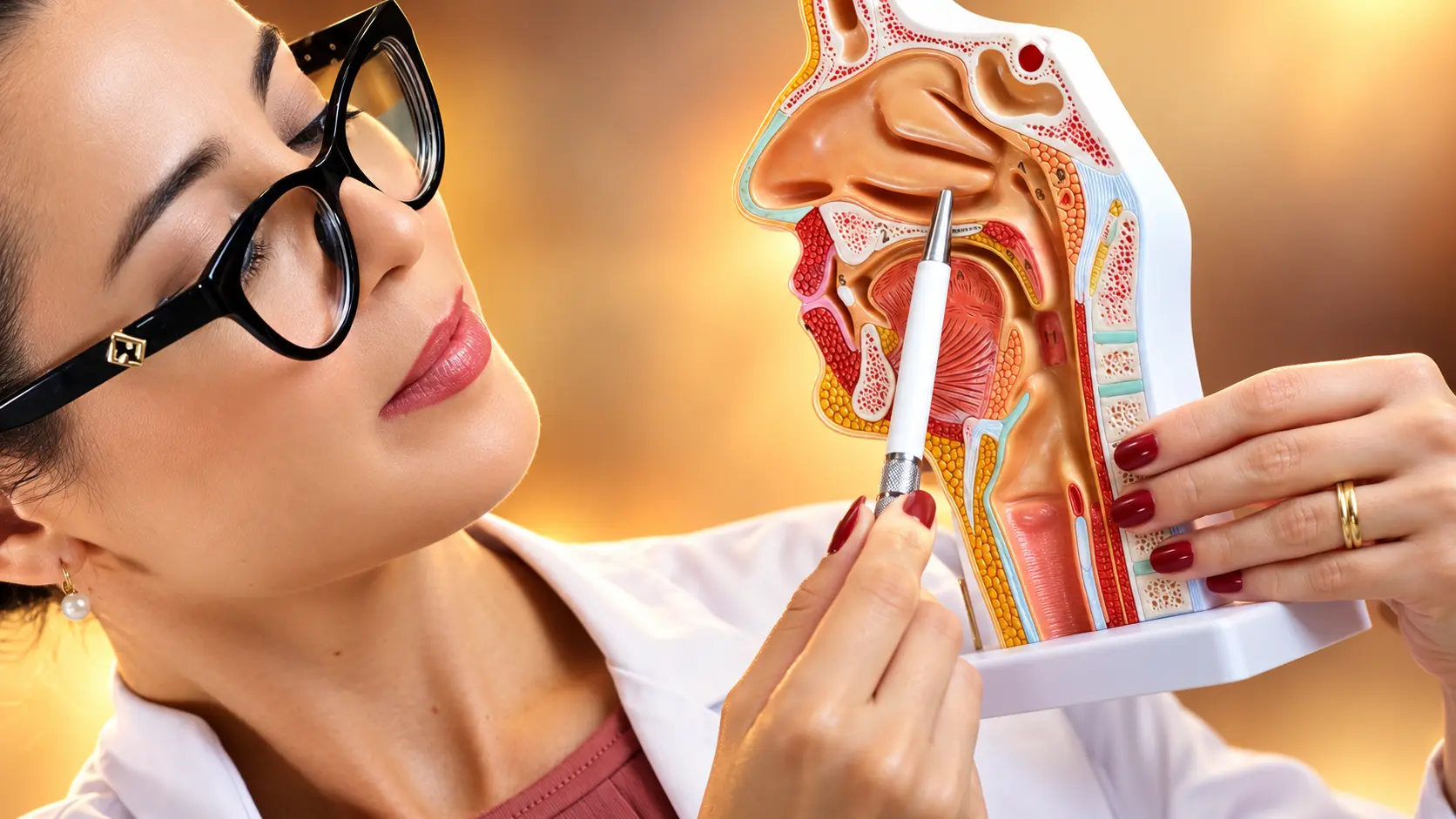 Dra. Larissa Vilela mostra os cornetos inferiores em um modelo anatômico do nariz