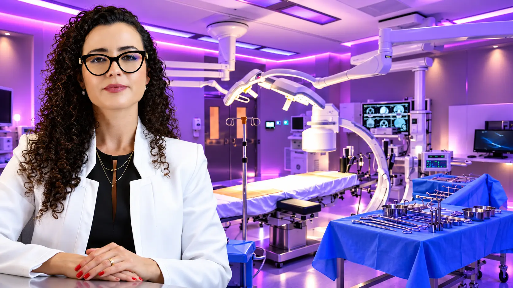 Dra. Larissa Vilela, médica otorrino, em centro cirúrgico com tomografia dos seios da face no monitor