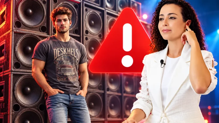 Jovem encostado em uma parede de caixas de som, sinal de alerta vermelho e a Dra. Larissa Vilela de blazer branco apontando para a orelha