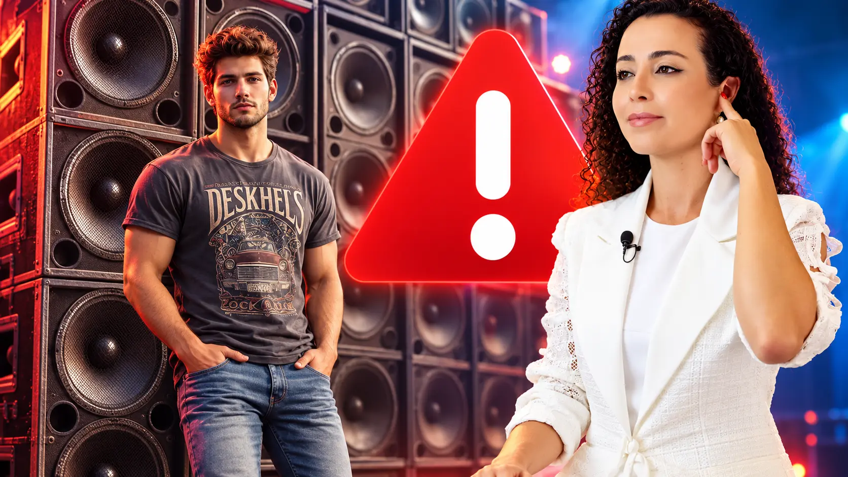 Jovem encostado em uma parede de caixas de som, sinal de alerta vermelho e a Dra. Larissa Vilela de blazer branco apontando para a orelha