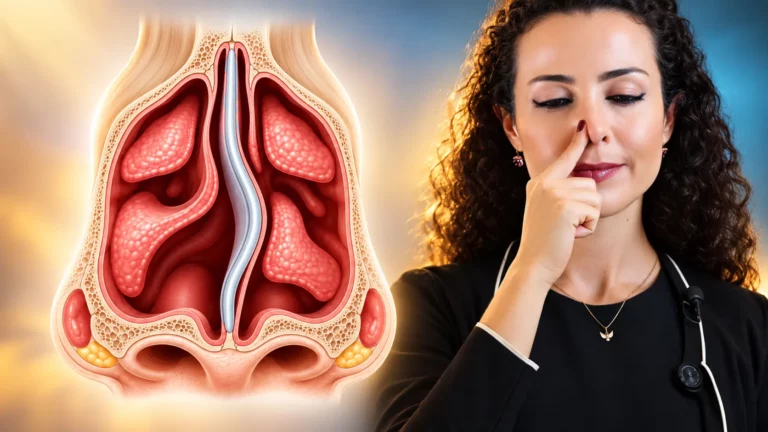 Ilustração do nariz em corte com o septo nasal desviado entre as duas cavidades, ao lado da Dra. Larissa Vilela fechando uma narina com o dedo para testar a respiração pela outra