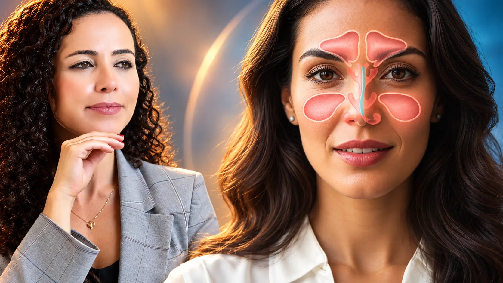 Mulher pensativa com a mão no queixo ao lado do rosto de outra mulher com a ilustração do nariz e dos seios da face sobreposta, mostrando o septo nasal desviado