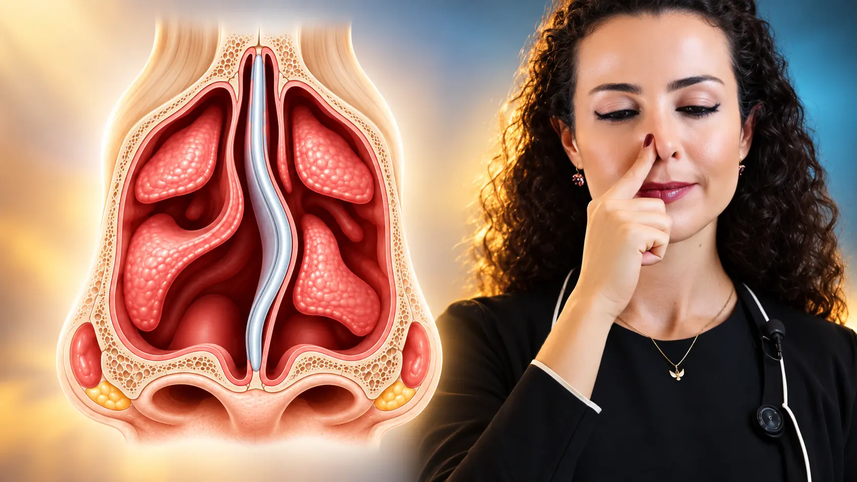 Ilustração do nariz em corte com o septo nasal desviado entre as duas cavidades, ao lado da Dra. Larissa Vilela fechando uma narina com o dedo para testar a respiração pela outra