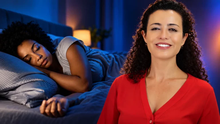 Dra. Larissa Vilela sorrindo ao lado de uma mulher que dorme de lado em um quarto escuro, com um abajur aceso ao fundo