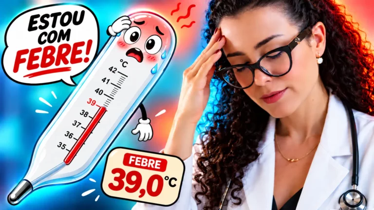 Termômetro ilustrado marcando 39 °C, com o balão Estou com febre!, ao lado da Dra. Larissa Vilela, de óculos e jaleco branco, com a mão na testa