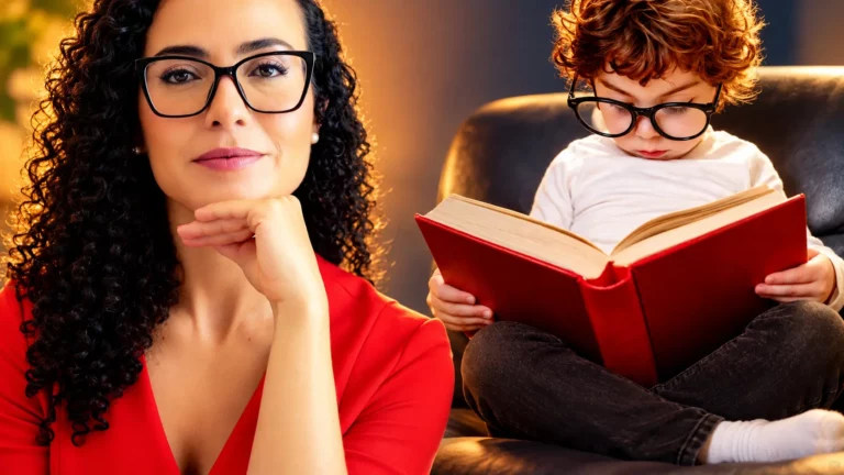 Dra. Larissa Vilela, de óculos e blusa vermelha, com a mão apoiada no queixo, ao lado de um menino de cabelo cacheado e óculos que lê um livro vermelho sentado numa poltrona