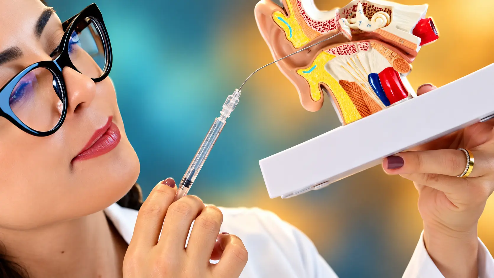 Dra. Larissa Vilela mostrando em um modelo anatômico do ouvido a agulha fina da seringa que atravessa o tímpano