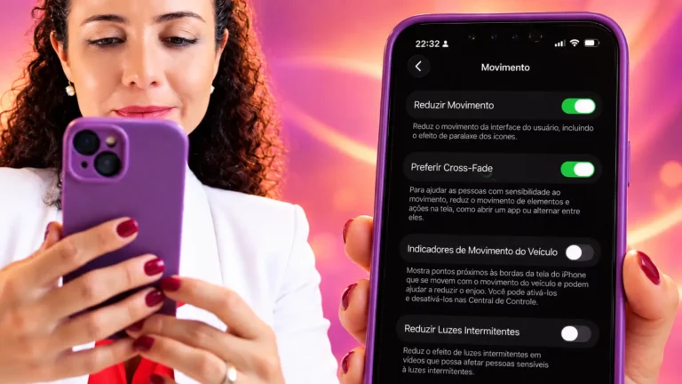 Dra. Larissa Vilela olhando o celular ao lado de um iPhone com a tela de ajustes de Movimento, com as opções Reduzir Movimento, Preferir Cross-Fade e Indicadores de Movimento do Veículo