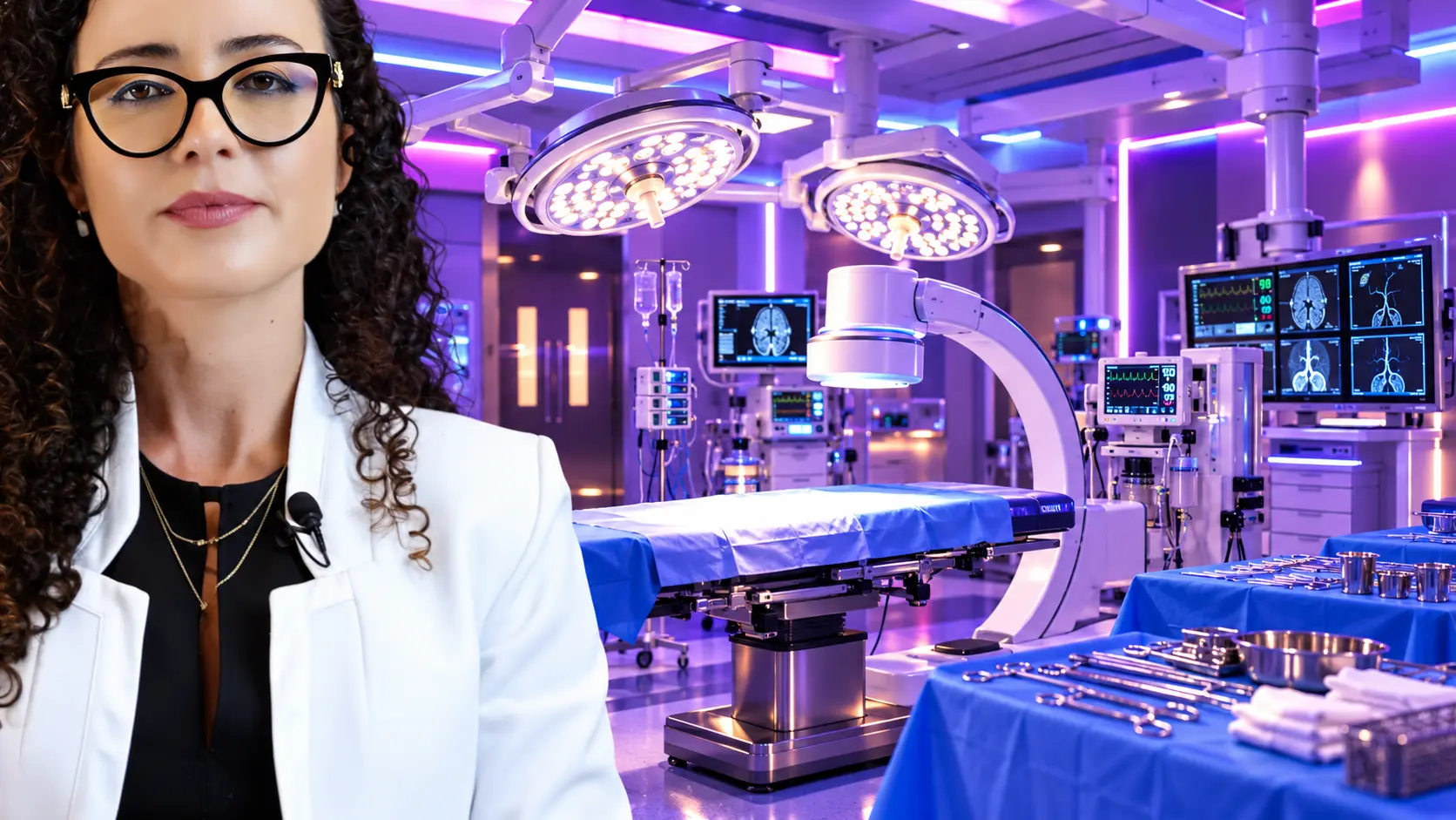 Dra. Larissa Vilela, médica otorrino, diante de uma sala cirúrgica com mesa de operação, focos de luz e instrumentos