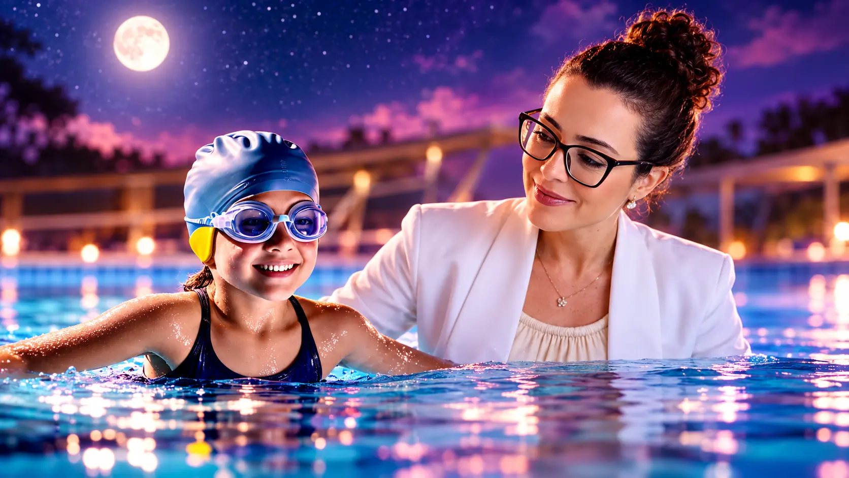 Menina de touca e óculos de natação sorrindo dentro da piscina, ao lado da Dra. Larissa Vilela, médica otorrino