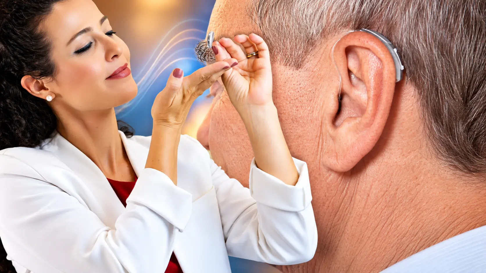 Médica otorrinolaringologista Larissa Vilela colocando um aparelho auditivo retroauricular atrás da orelha de um senhor de cabelos grisalhos