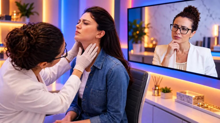 Médica de luvas examinando o pescoço de uma paciente com dor de garganta, com a Dra. Larissa Vilela em uma tela ao fundo