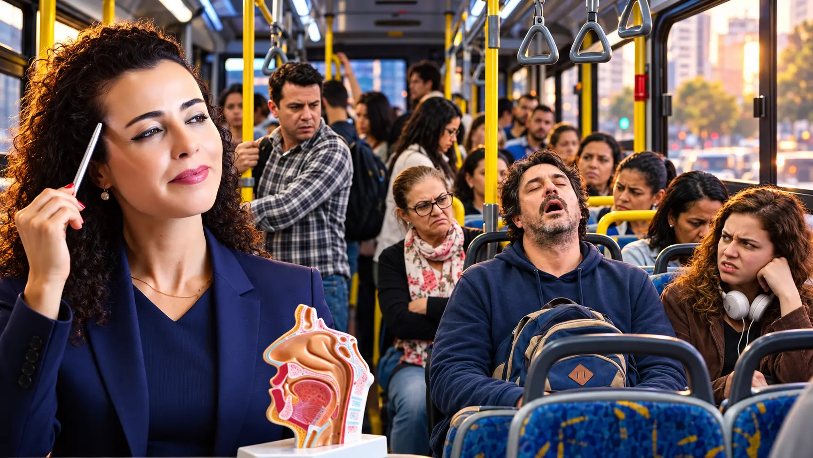 Dra. Larissa Vilela pensativa ao lado de um modelo anatômico do nariz e da garganta, num ônibus lotado em que um homem dorme de boca aberta, roncando, e os passageiros em volta o olham incomodados
