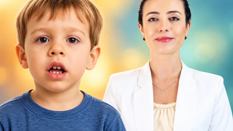 Menino de boca entreaberta, com os dentes da frente à mostra, ao lado da Dra. Larissa Vilela, médica otorrino