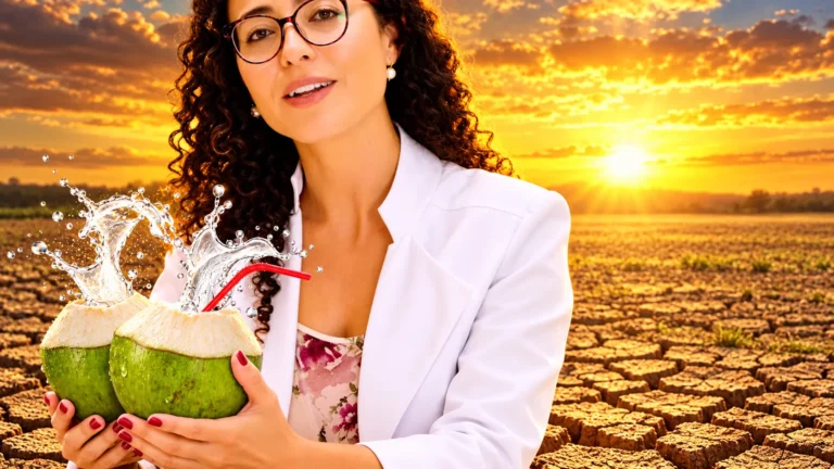 Dra. Larissa Vilela, de jaleco branco, segura dois cocos verdes com canudo diante de um campo de terra rachada pela seca, ao pôr do sol