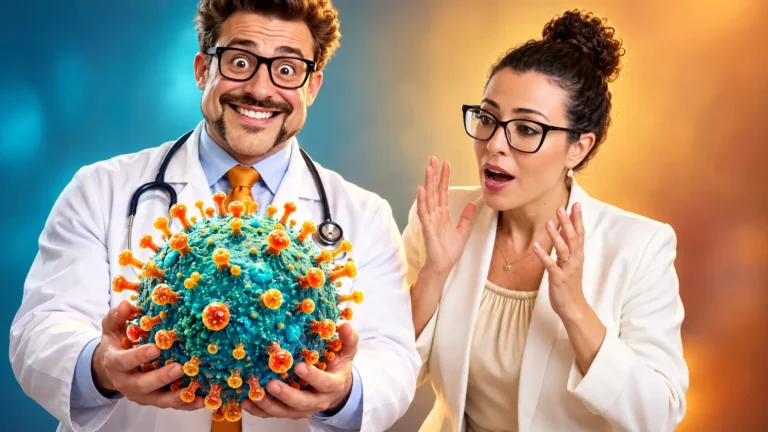 Dra. Larissa Vilela ao lado da ilustração de uma superbactéria resistente aos antibióticos