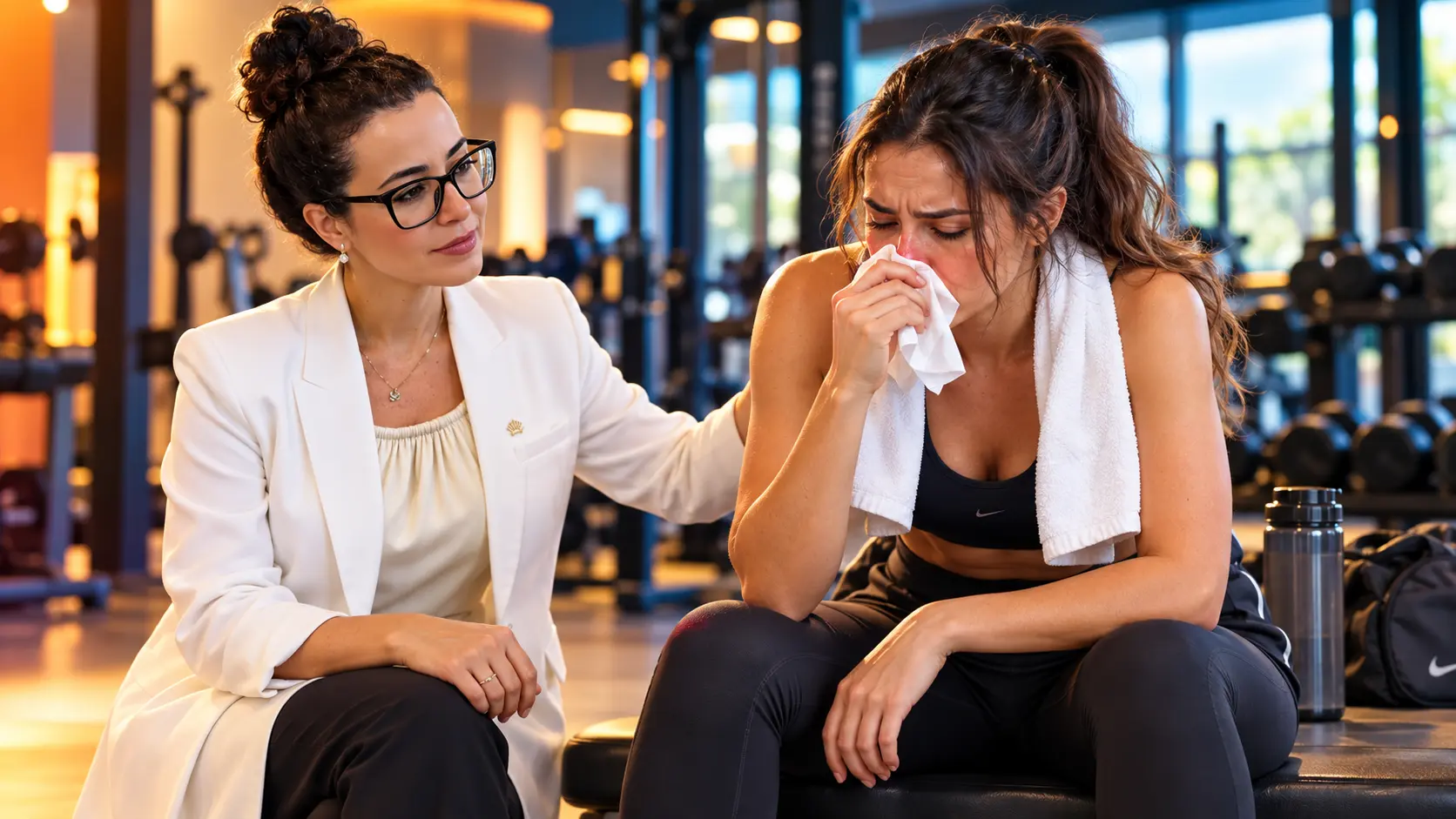 Dra. Larissa Vilela, de blazer branco, com a mão no ombro de uma mulher gripada sentada num banco de academia, com uma toalha no pescoço e um lenço no nariz