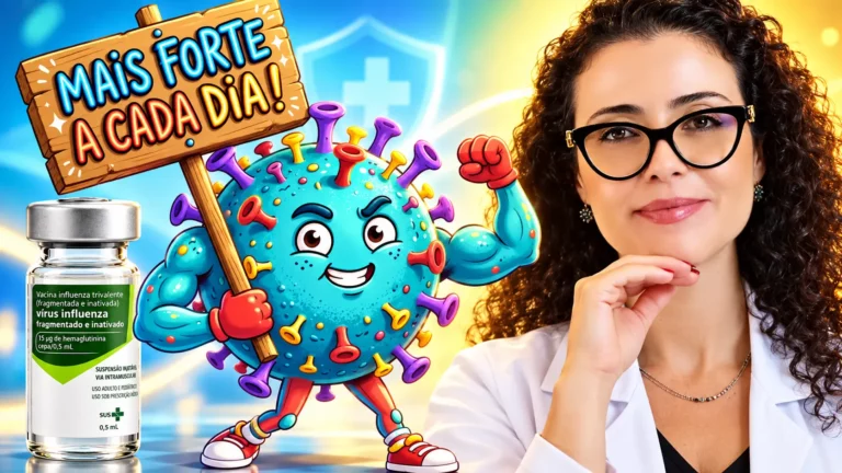 Dra. Larissa Vilela ao lado da ilustração de um vírus musculoso com uma placa escrita Mais forte a cada dia e de um frasco da vacina da gripe