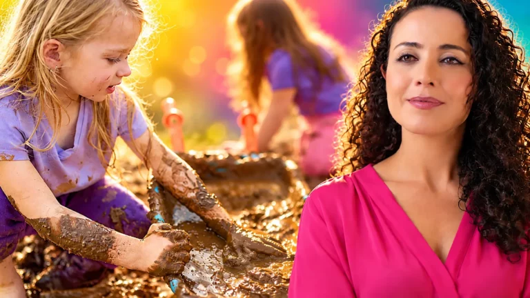 Dra. Larissa Vilela ao lado de crianças brincando na lama ao ar livre, ilustrando a chamada vitamina S